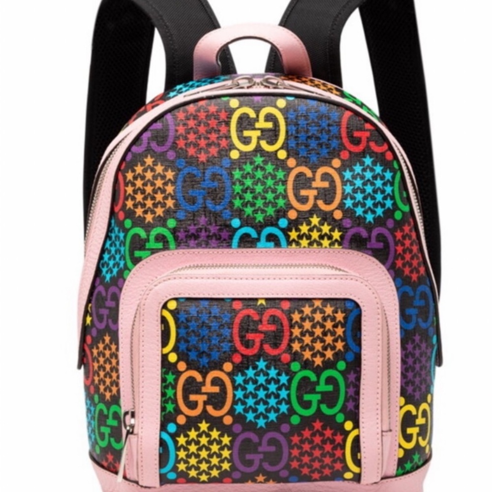 Gucci Rainbow GG Logo Canvas Backpack with Pink Leather Gucci Psychedelic Backk